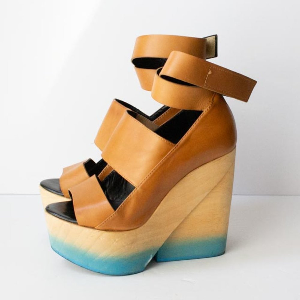 Pierre Hardy Tan Leather Platform Sandals with Blue Ombre Wooden Wedge
